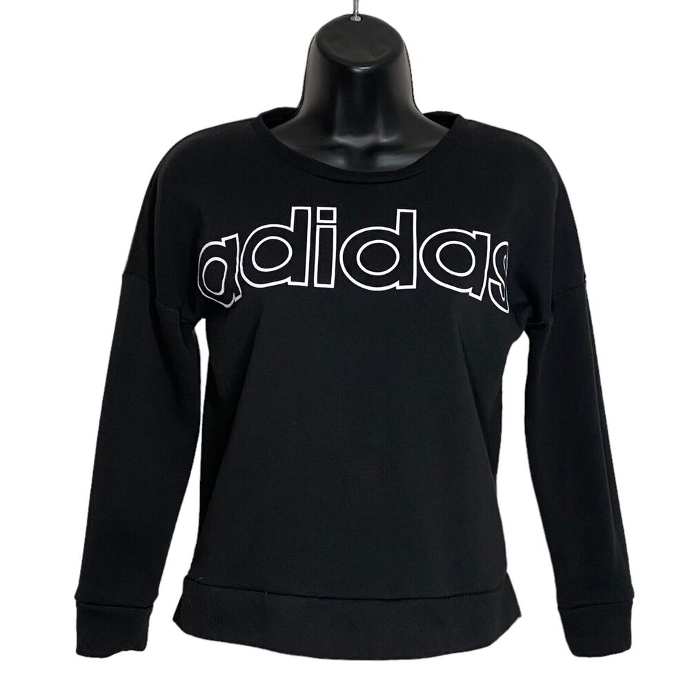 Adidas Sweatshirt Girls Large 14 Black White Logo White Spellout Pullover Casual